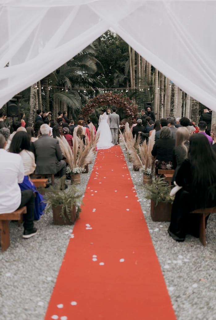 Elegant outdoor wedding ceremony featuring a red carpet aisle and lush greenery.